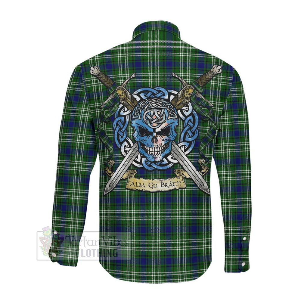 Haliburton Tartan Long Sleeve Button Shirt with Family Crest Celtic Skull Style Men's Shirt - Tartan Vibes Clothing