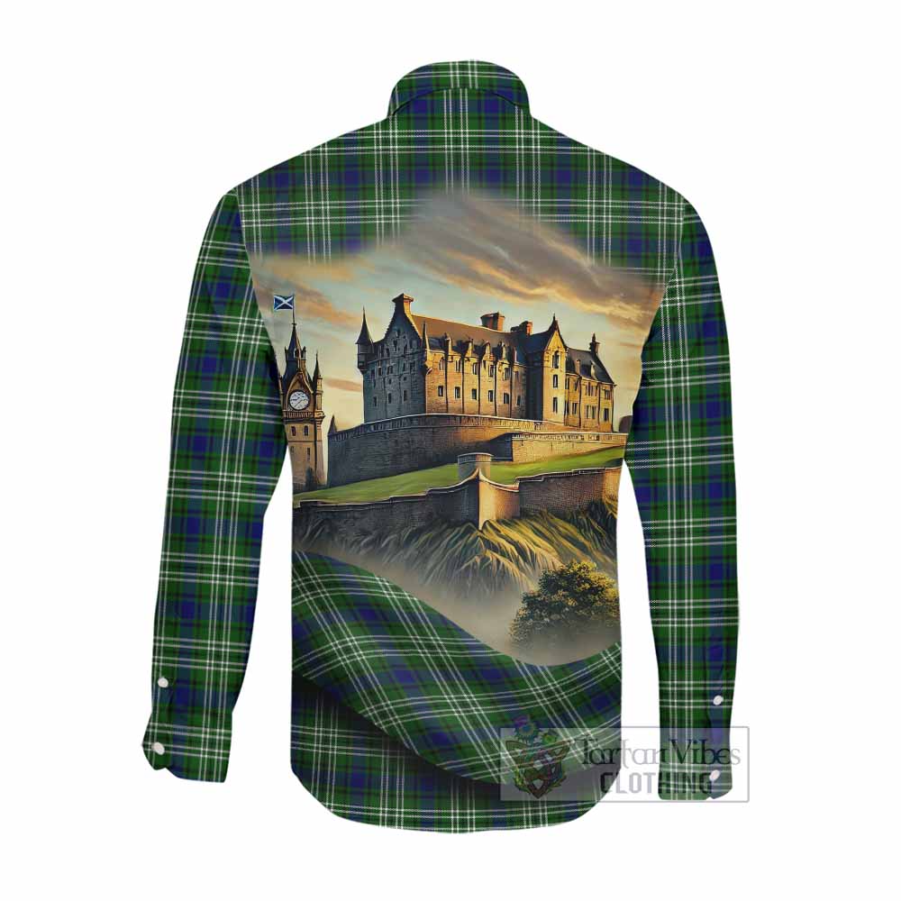 Tartan Vibes Clothing Haliburton Tartan Family Crest Long Sleeve Button Shirt with Scottish Ancient Castle Style
