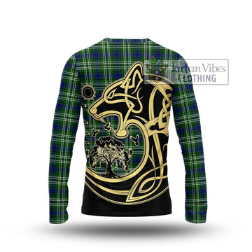 Haliburton Tartan Long Sleeve T-Shirt with Family Crest Celtic Wolf Style - Tartan Vibes Clothing