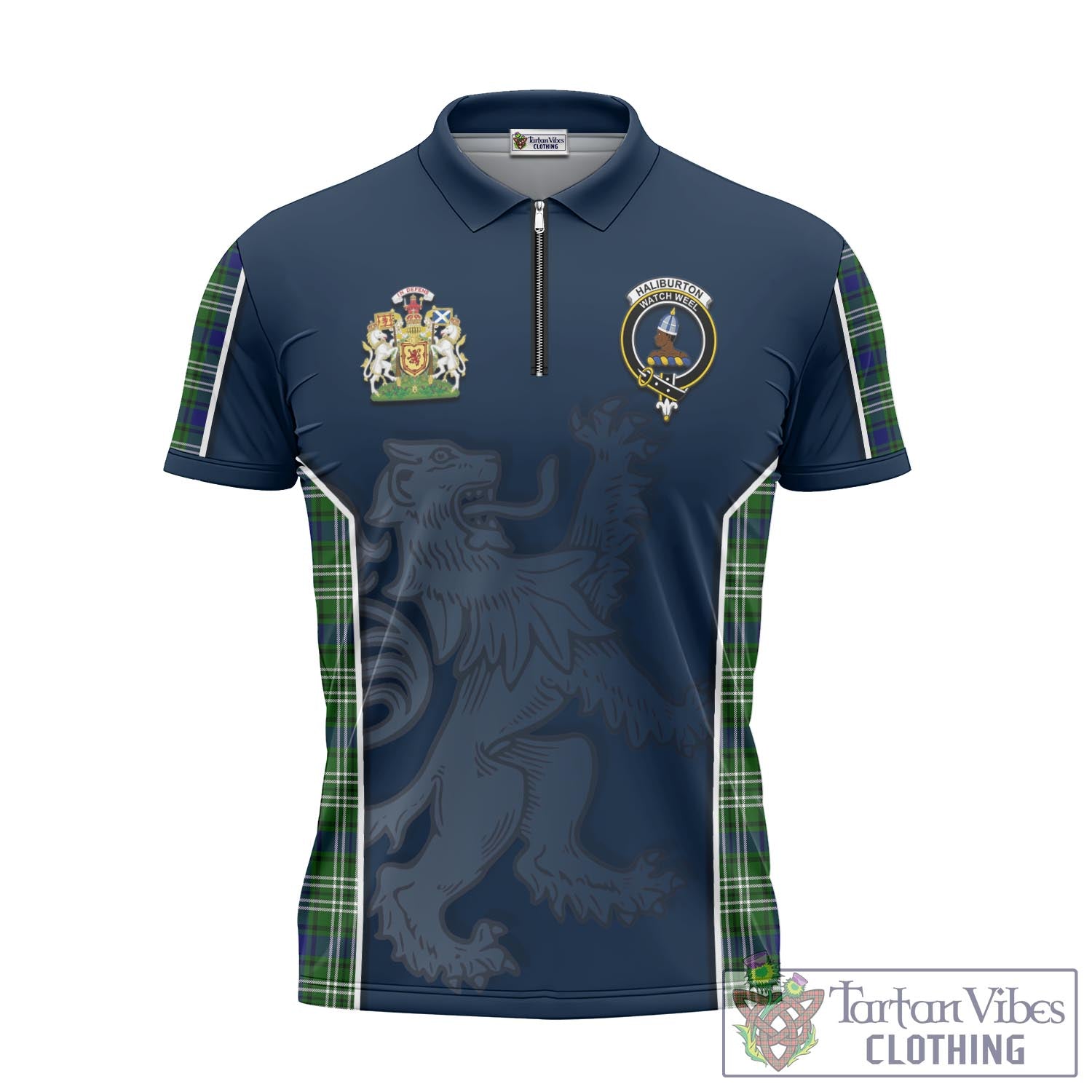Tartan Vibes Clothing Haliburton Tartan Zipper Polo Shirt with Family Crest and Lion Rampant Vibes Sport Style