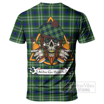 Haliburton Tartan T-Shirt with Family Crest and Bearded Skull Holding Bottles of Whiskey - Tartan Vibes Clothing