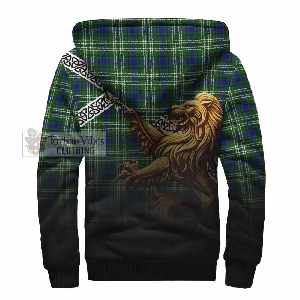 Haliburton Crest Tartan Sherpa Hoodie with Golden Lion Emblem Celtic Style - Tartan Vibes Clothing