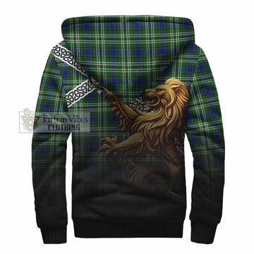 Haliburton Crest Tartan Sherpa Hoodie with Golden Lion Emblem Celtic Style - Tartan Vibes Clothing