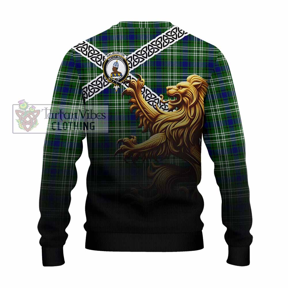 Haliburton Crest Tartan Knitted Sweater with Golden Lion Emblem Celtic Style - Tartan Vibes Clothing