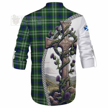 Tartan Vibes Clothing Haliburton Tartan Ghillie Kilt Shirt with Family Crest and St. Andrew's Cross Accented by Thistle Vines
