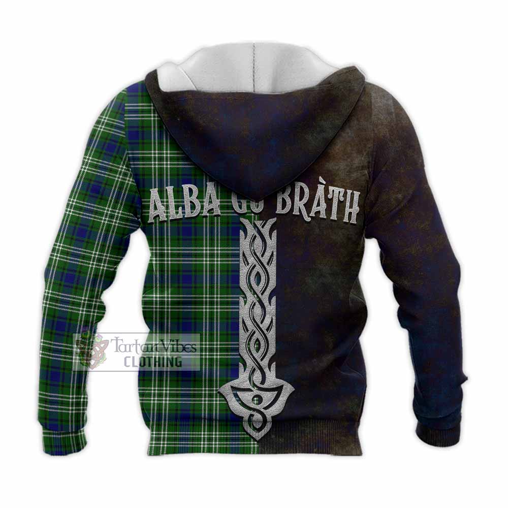 Tartan Vibes Clothing Haliburton Tartan Family Crest Knitted Hoodie Alba Gu Brath Be Brave Lion Ancient Style