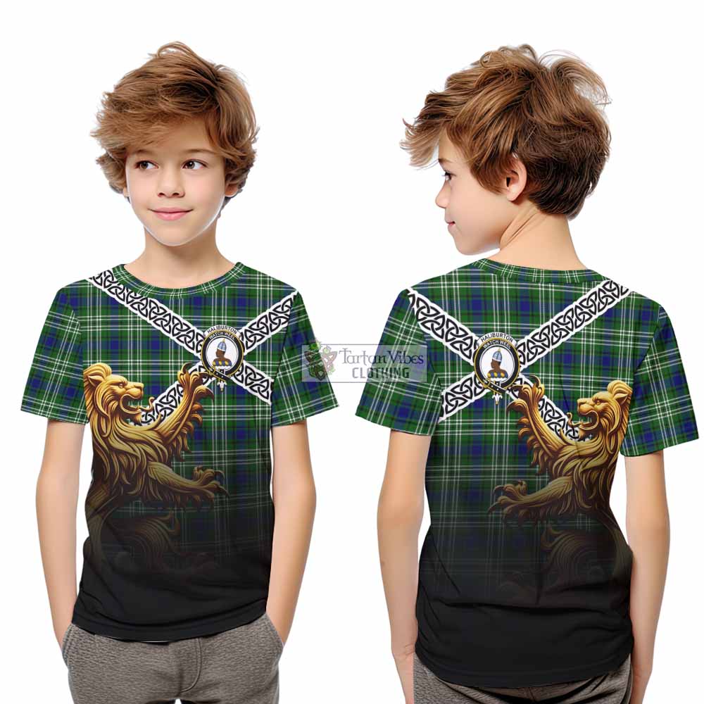 Haliburton Crest Tartan Kid T-Shirt with Golden Lion Emblem Celtic Style - Tartan Vibes Clothing