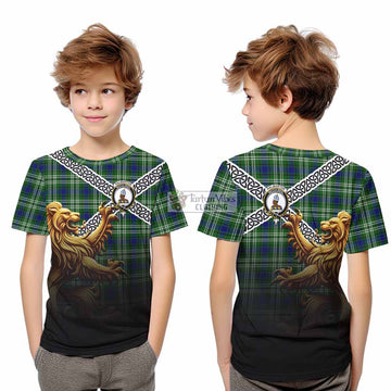 Haliburton Crest Tartan Kid T-Shirt with Golden Lion Emblem Celtic Style - Tartan Vibes Clothing