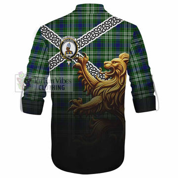 Haliburton Crest Tartan Ghillie Kilt Shirt with Golden Lion Emblem Celtic Style - Tartan Vibes Clothing