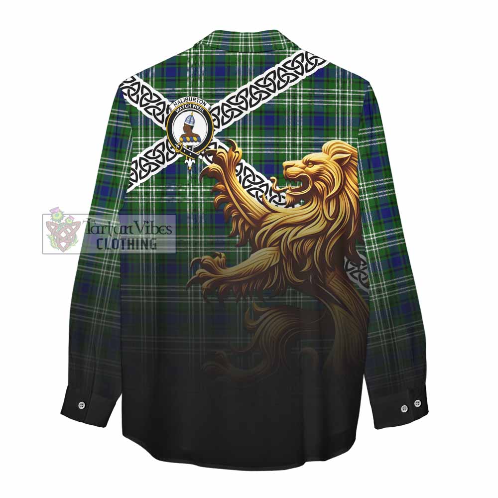 Haliburton Crest Tartan Women's Casual Shirt with Golden Lion Emblem Celtic Style - Tartan Vibes Clothing