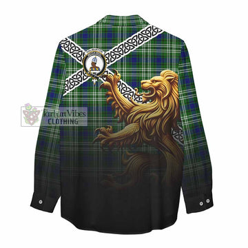 Haliburton Crest Tartan Women's Casual Shirt with Golden Lion Emblem Celtic Style - Tartan Vibes Clothing