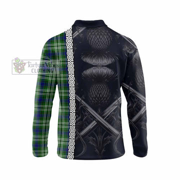 Haliburton Tartan Long Sleeve Polo Shirt with Family Crest Cross Sword Thistle Celtic Vibes - Tartan Vibes Clothing
