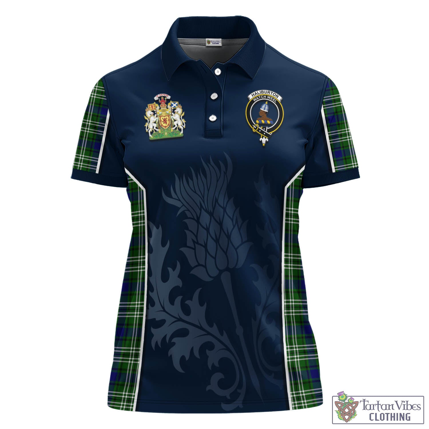 Tartan Vibes Clothing Haliburton Tartan Women's Polo Shirt with Family Crest and Scottish Thistle Vibes Sport Style
