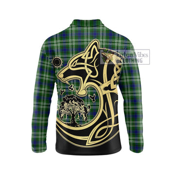 Haliburton Tartan Long Sleeve Polo Shirt with Family Crest Celtic Wolf Style - Tartan Vibes Clothing