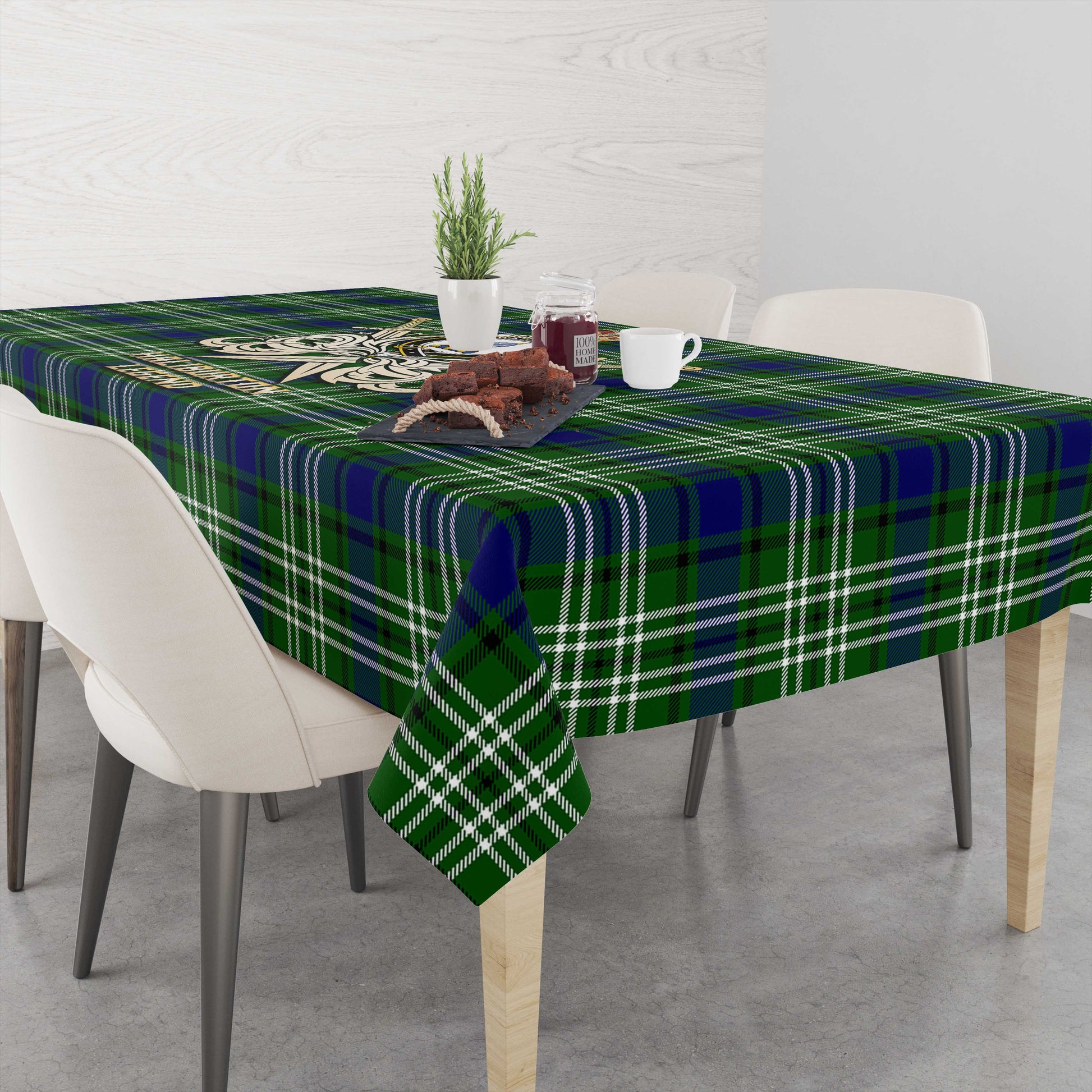 Haliburton Tartan Tablecloth with Clan Crest and the Golden Sword of Courageous Legacy - Tartan Vibes Clothing