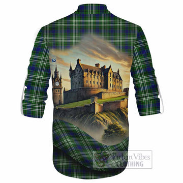 Haliburton Tartan Family Crest Ghillie Kilt Shirt with Scottish Ancient Castle Style - Tartan Vibes Clothing