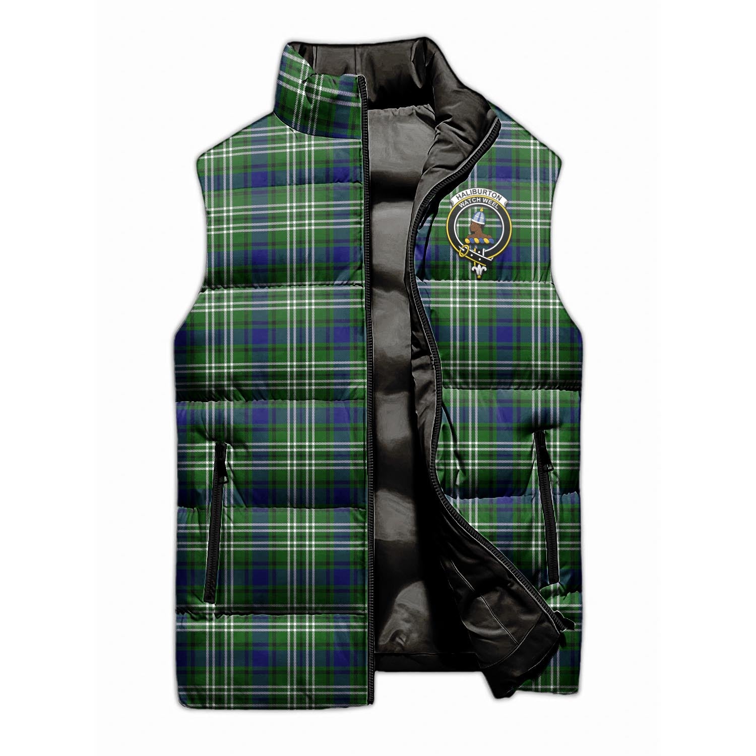 Haliburton Tartan Sleeveless Puffer Jacket with Family Crest - Tartanvibesclothing