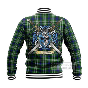Haliburton Tartan Baseball Jacket with Family Crest Celtic Skull Style - Tartan Vibes Clothing