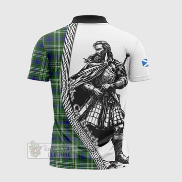 Haliburton Tartan Clan Crest Zipper Polo Shirt with Highlander Warrior Celtic Style - Tartan Vibes Clothing