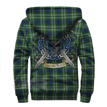 Haliburton Tartan Sherpa Hoodie with Family Crest Celtic Skull Style - Tartan Vibes Clothing