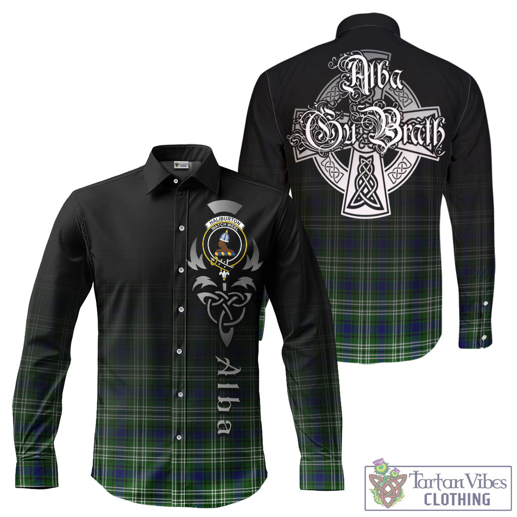 Haliburton Tartan Long Sleeve Button Up Featuring Alba Gu Brath Family Crest Celtic Inspired - Tartan Vibes Clothing