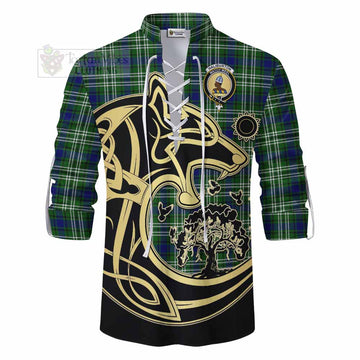 Haliburton Tartan Ghillie Kilt Shirt with Family Crest Celtic Wolf Style - Tartan Vibes Clothing