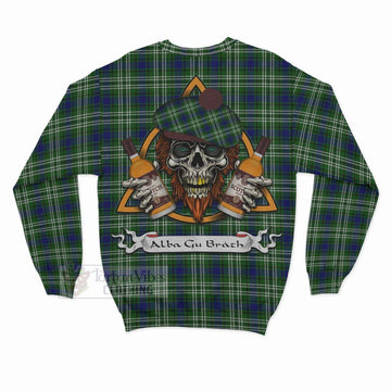 Haliburton Tartan Sweatshirt with Family Crest and Bearded Skull Holding Bottles of Whiskey - Tartan Vibes Clothing