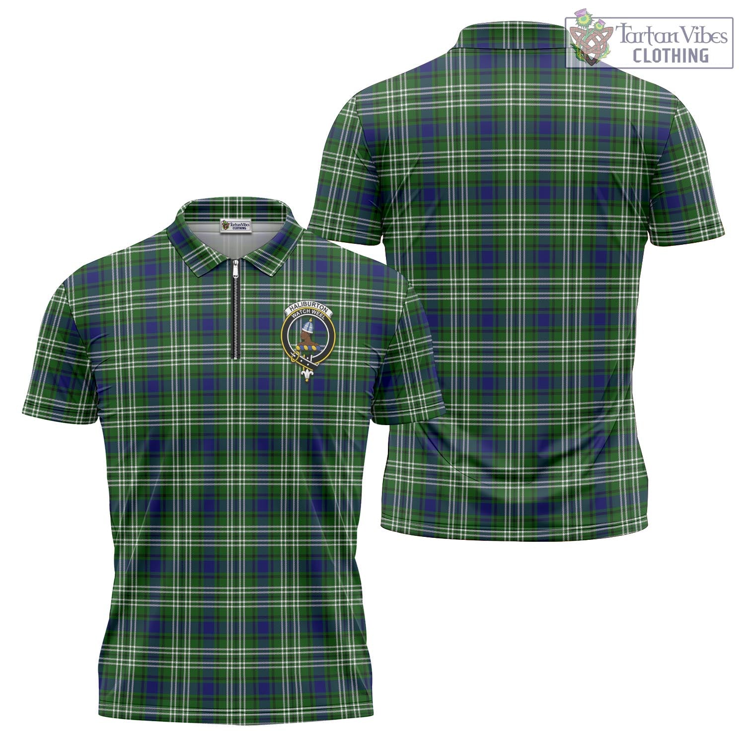 Haliburton Tartan Zipper Polo Shirt with Family Crest - Tartan Vibes Clothing