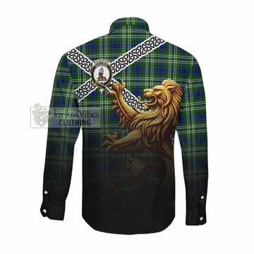 Haliburton Crest Tartan Long Sleeve Button Shirt with Golden Lion Emblem Celtic Style Men's Shirt - Tartan Vibes Clothing