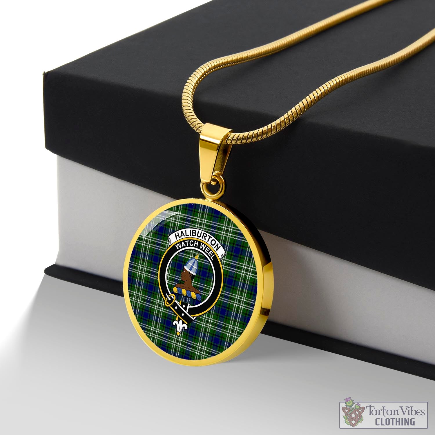Haliburton Tartan Circle Necklace with Family Crest Luxury Necklace (Gold) No - Tartan Vibes Clothing