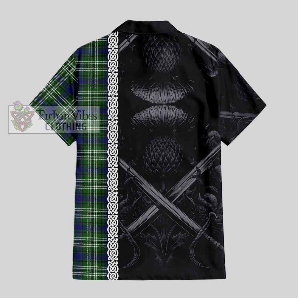 Haliburton Tartan Hawaiian Shirt with Family Crest Cross Sword Thistle Celtic Vibes - Tartan Vibes Clothing