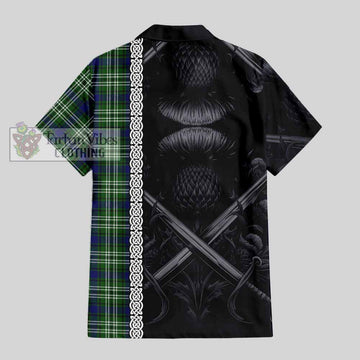 Haliburton Tartan Hawaiian Shirt with Family Crest Cross Sword Thistle Celtic Vibes - Tartan Vibes Clothing