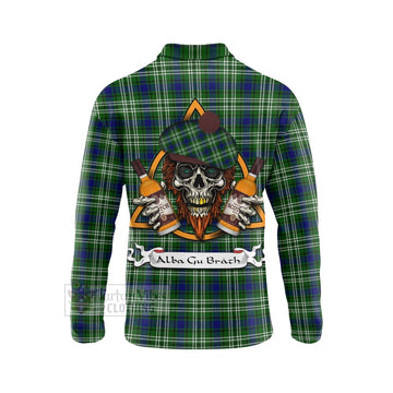 Haliburton Tartan Long Sleeve Polo Shirt with Family Crest and Bearded Skull Holding Bottles of Whiskey - Tartan Vibes Clothing