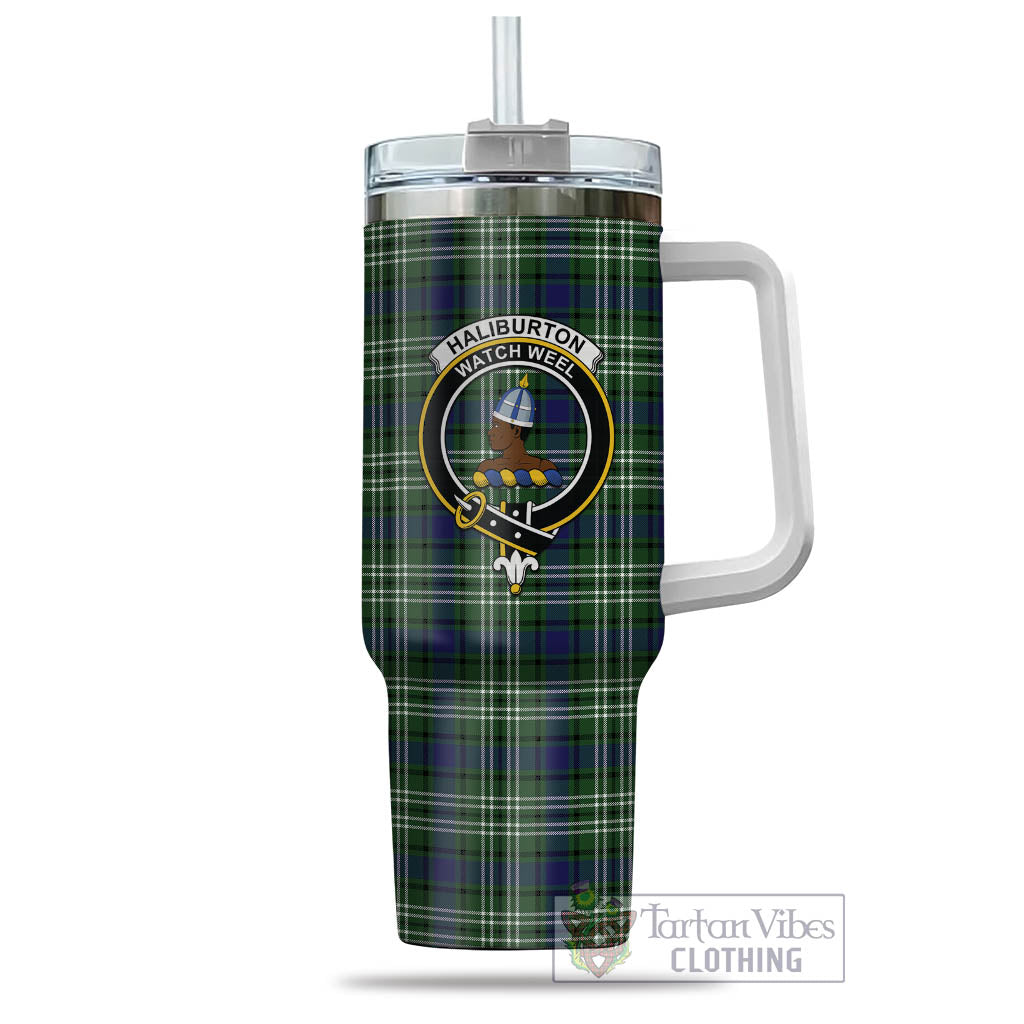 Haliburton Tartan Tumbler with Handle with Family Crest - Tartan Vibes Clothing