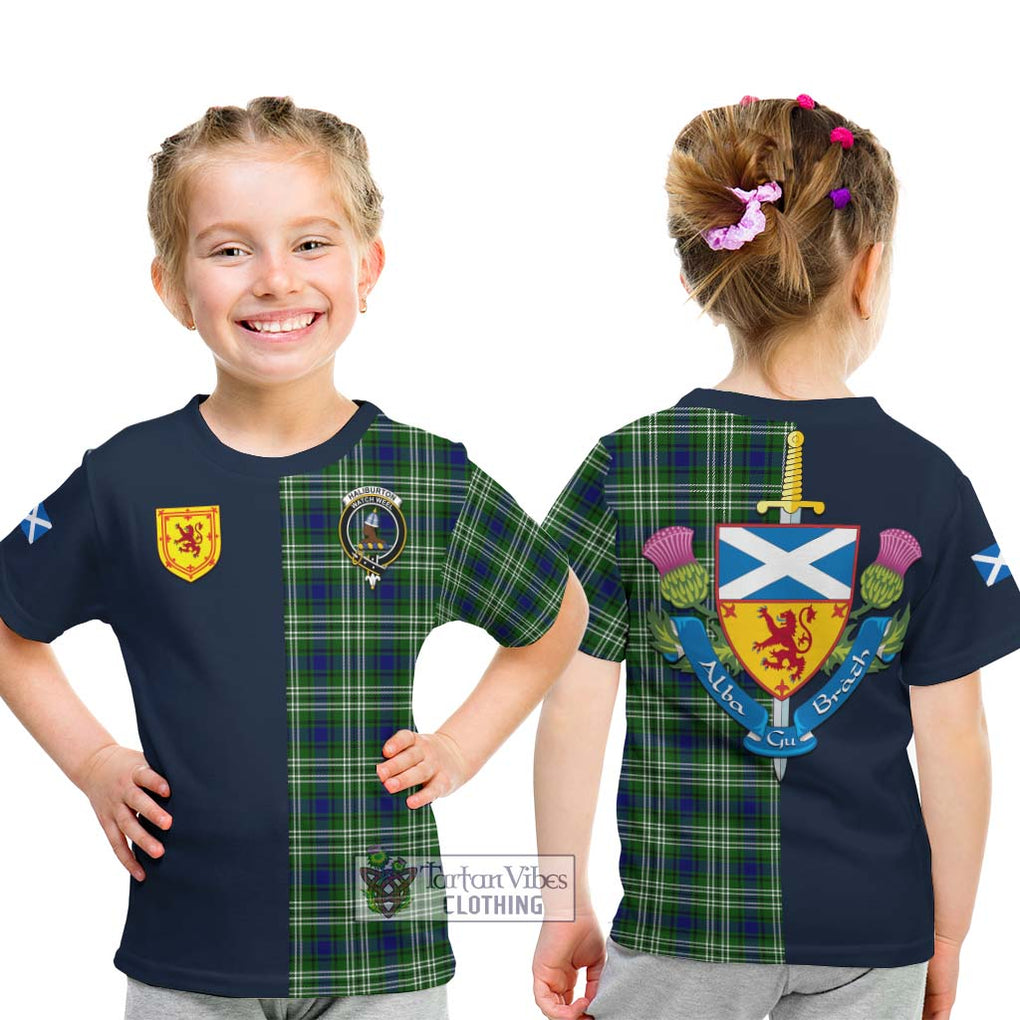 Haliburton Tartan Kid T-Shirt Alba with Scottish Lion Royal Arm Half Style - Tartan Vibes Clothing