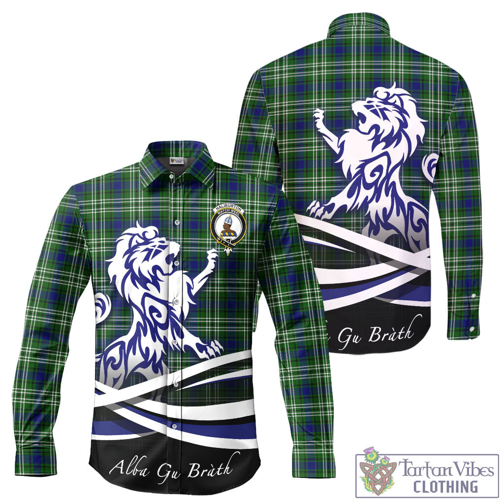Haliburton Tartan Long Sleeve Button Up Shirt with Alba Gu Brath Regal Lion Emblem - Tartan Vibes Clothing