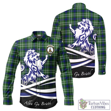 Haliburton Tartan Long Sleeve Button Up Shirt with Alba Gu Brath Regal Lion Emblem - Tartan Vibes Clothing
