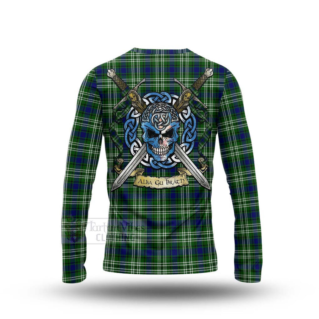 Haliburton Tartan Long Sleeve T-Shirt with Family Crest Celtic Skull Style - Tartan Vibes Clothing