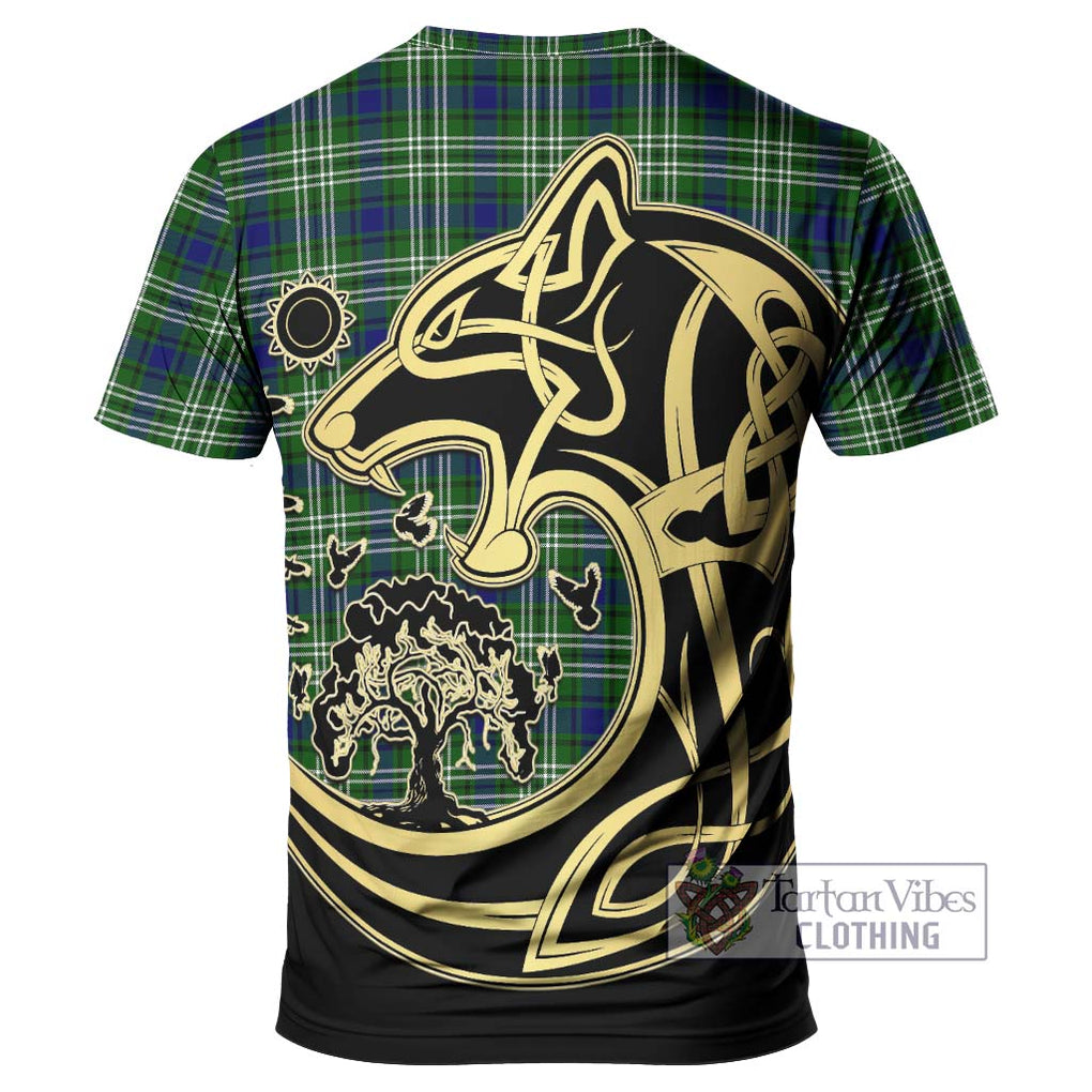 Haliburton Tartan T-Shirt with Family Crest Celtic Wolf Style - Tartan Vibes Clothing