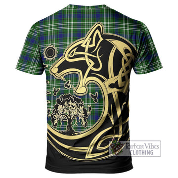 Haliburton Tartan T-Shirt with Family Crest Celtic Wolf Style - Tartan Vibes Clothing