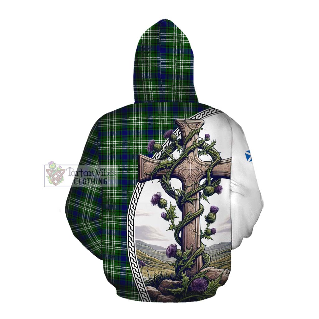 Tartan Vibes Clothing Haliburton Tartan Cotton Hoodie with Family Crest and St. Andrew's Cross Accented by Thistle Vines