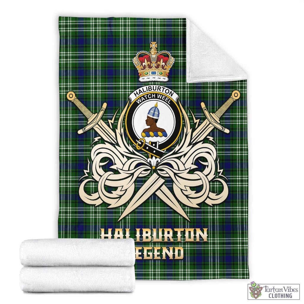 Tartan Vibes Clothing Haliburton Tartan Blanket with Clan Crest and the Golden Sword of Courageous Legacy