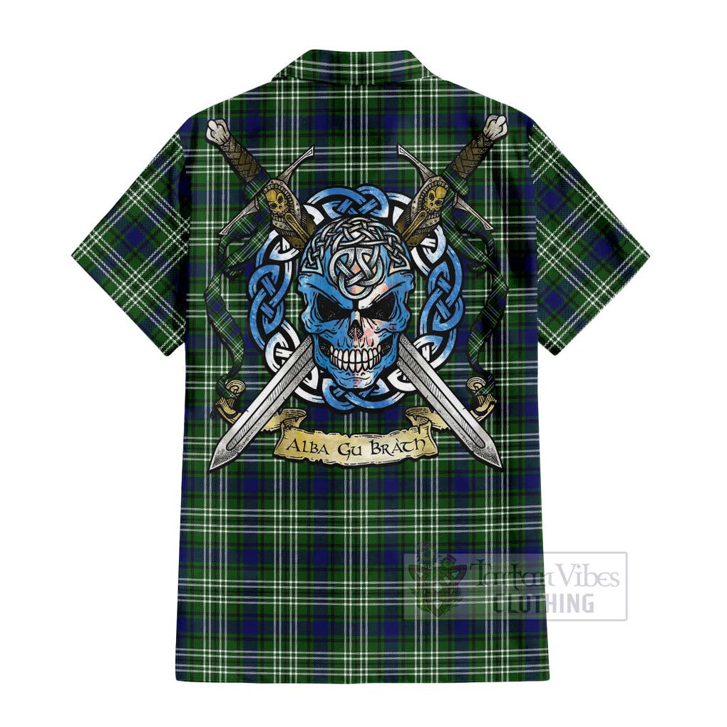 Haliburton Tartan Hawaiian Shirt with Family Crest Celtic Skull Style - Tartan Vibes Clothing
