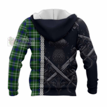 Haliburton Tartan Knitted Hoodie with Family Crest Cross Sword Thistle Celtic Vibes - Tartan Vibes Clothing