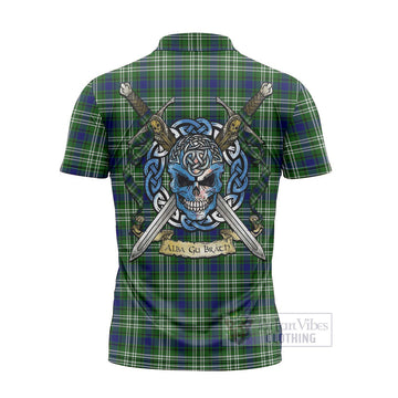 Haliburton Tartan Zipper Polo Shirt with Family Crest Celtic Skull Style - Tartan Vibes Clothing