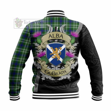 Haliburton Tartan Family Crest Baseball Jacket Lion Rampant Royal Thistle Shield Celtic Inspired - Tartan Vibes Clothing