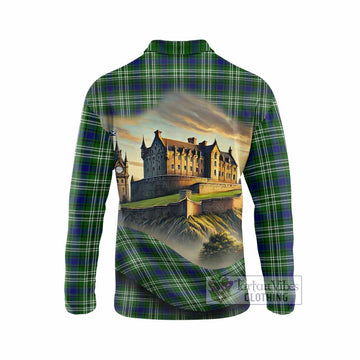 Haliburton Tartan Family Crest Long Sleeve Polo Shirt with Scottish Ancient Castle Style - Tartan Vibes Clothing