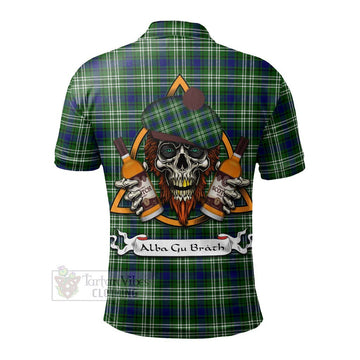 Haliburton Tartan Polo Shirt with Family Crest and Bearded Skull Holding Bottles of Whiskey - Tartan Vibes Clothing