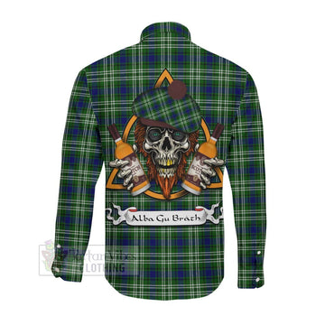 Haliburton Tartan Long Sleeve Button Shirt with Family Crest and Bearded Skull Holding Bottles of Whiskey Men's Shirt - Tartan Vibes Clothing