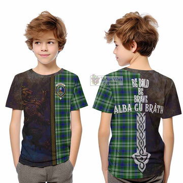 Haliburton Tartan Family Crest Kid T-Shirt Alba Gu Brath Be Brave Lion Ancient Style